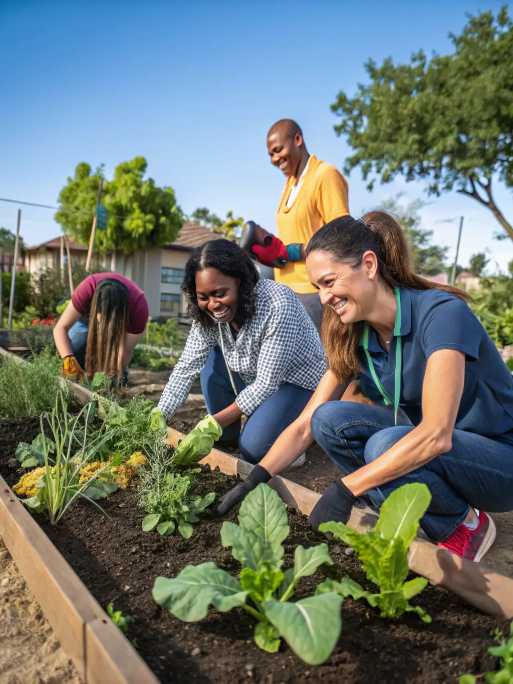 A photograph capturing volunteers planting flowers in the community garden, showcasing the association's commitment to environmental beautification and community involvement.